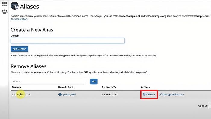 Hướng dẫn xóa Alias Domain trong cPanel