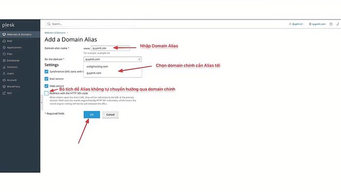 Tạo cấu hình Alias domain trên Plesk