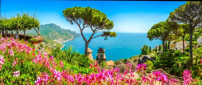 Breathtaking view of the iconic Amalfi Coast with the Gulf of Salerno from the gardens of Villa Rufolo in Ravello, Campania.