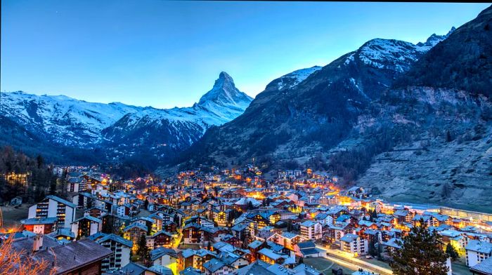 Evening view of Zermatt, featuring the Matterhorn in the background