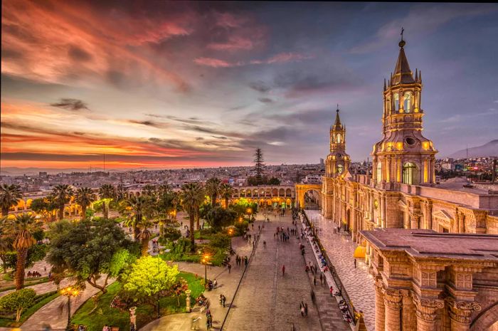 A sunset view over the Plaza de Armas in Arequipa, Peru