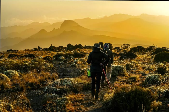 A group of hikers on a rocky ridge at sunset in Tanzania