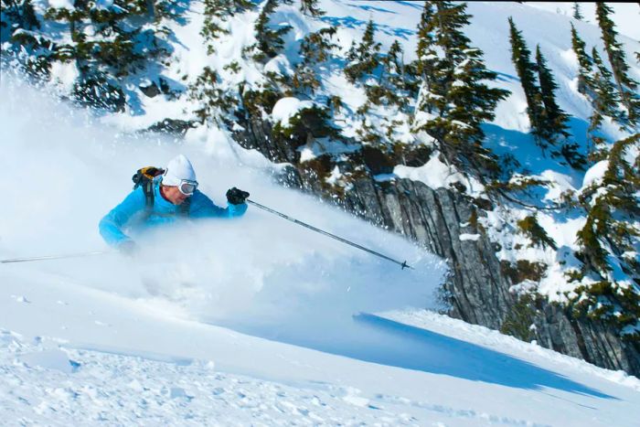 A skier carving through fluffy powder snow, Whistler, British Columbia, Canada