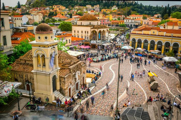 Aerial view of the historic Monastiraki Square in Athens, Greece