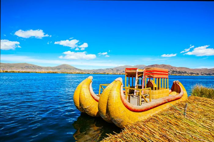 A totora boat on Lake Titicaca in Peru