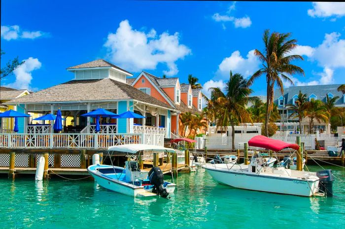 Boats dotting the turquoise waters at Valentine's Marina on Harbour Island, Bahamas