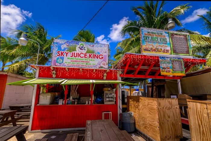 A quaint hut serving sky juice, a popular Bahamian cocktail