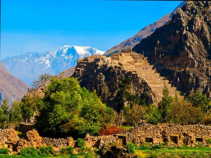 A view of mountains and the Ollantaytambo ruins in Peru's Sacred Valley