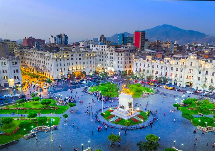 Gazing over Plaza San Martín (St. Martin's Square), Lima, Peru, during late afternoon