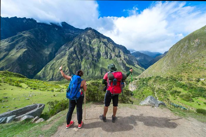 Two travelers admire Machu Picchu.