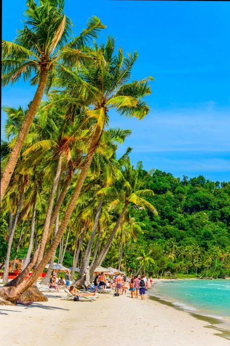 Visitors stroll along the pristine white sands of Sao Beach on Phu Quoc Island, Vietnam, with the blue ocean gently lapping at the shore and palm trees swaying nearby.