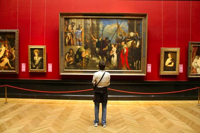 A tourist gazes at a masterpiece in the Museum of Art History in Vienna, standing with his back to the camera in front of a grand painting.