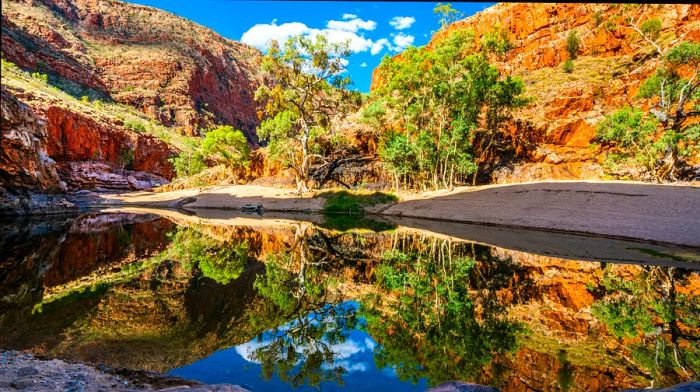 A breathtaking view of the Ormiston Gorge waterhole nestled in the West MacDonnell Ranges, NT, Australia