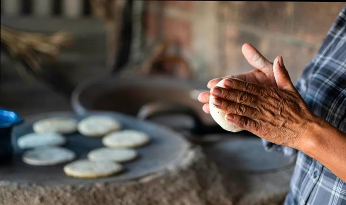 A close-up of a woman’s hands forming a disc of dough to make traditional corn tortillas