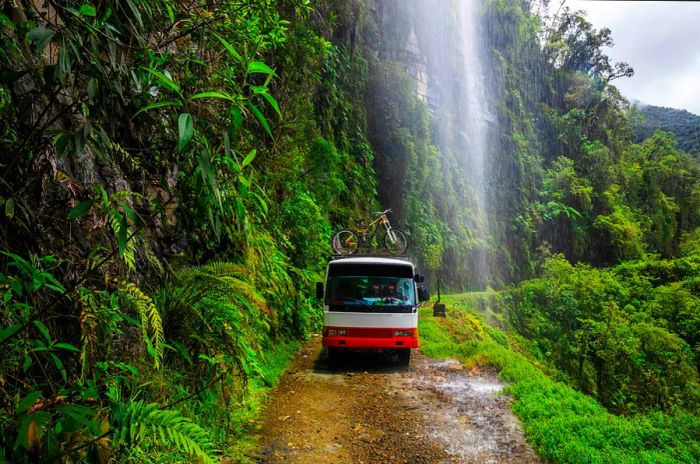 Bus traveling on the infamous Death Road in North Yungas, Bolivia