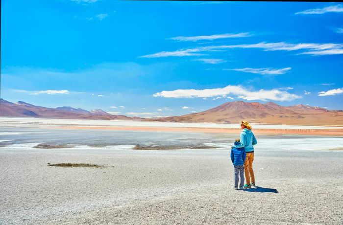 A family admiring the Laguna Colorada in Bolivia