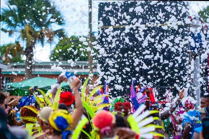 Participants dressed in Crop Over costumes dance behind a massive sound system, with foam flying around them.