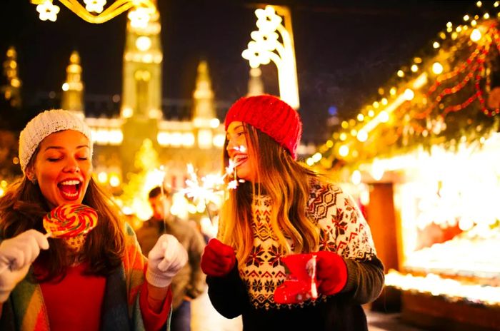 Friends enjoying themselves at a Christmas market in Vienna, right in front of Schloss Schönbrunn.