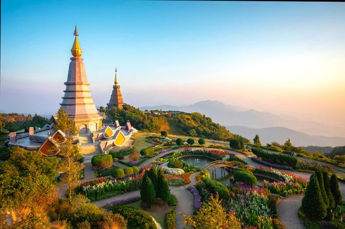 Doi Inthanon Twin Pagodas atop Inthanon Mountain near Chiang Mai, Thailand