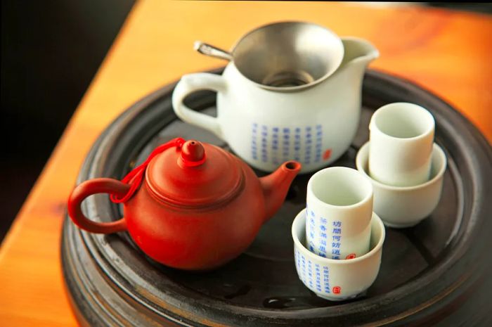 A traditional Taiwanese tea set displayed in a teahouse near Taipei