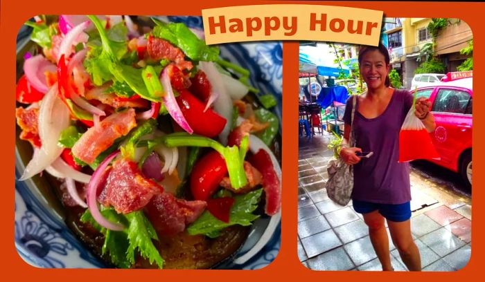 L: A Thai beef salad served on a plate. R: A cheerful woman holds a plastic bag of juice on a Bangkok street