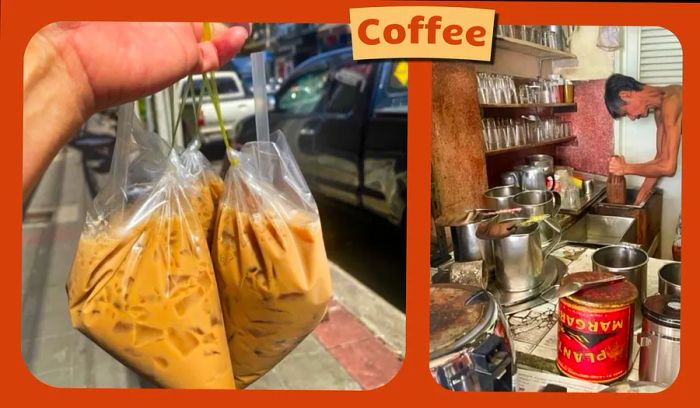 Left: a woman clutching a plastic bag of coffee. Right: an elderly man brewing coffee in a traditional Thai coffee shop