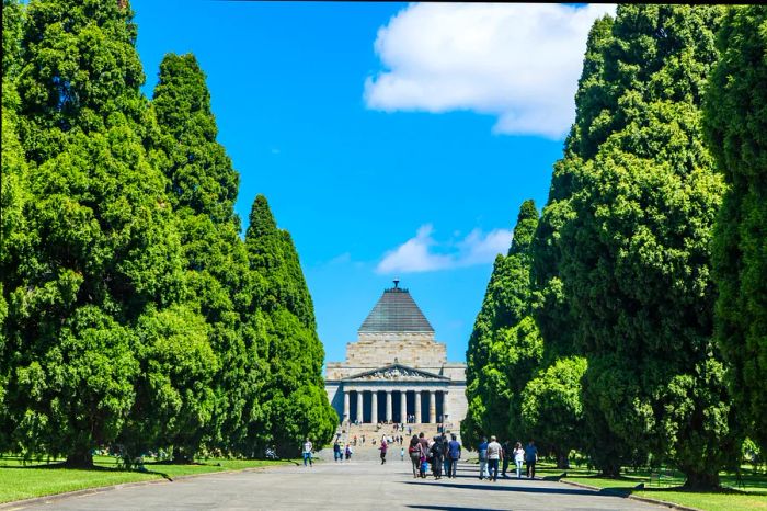 Visitors strolling through Melbourne's Shrine of Remembrance, a moving tribute to all Australians who have served in military conflicts.