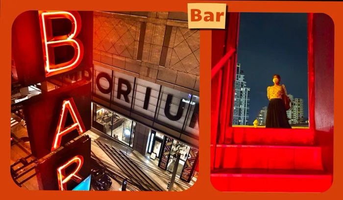 L: A brightly lit neon bar sign glowing at night in Bangkok. R: A woman wearing a face mask stands at the entrance of a bar