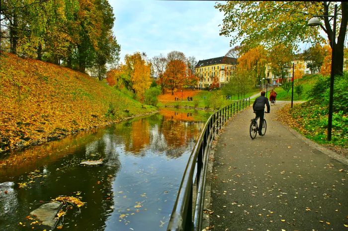 A cyclist glides by vibrant fall foliage along the walking path by the River Akerselva, Oslo, Norway.