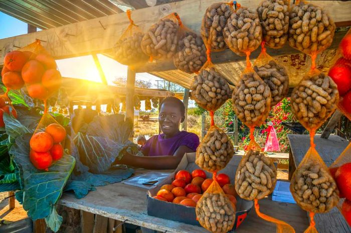 A cheerful African street vendor in Botswana greets a customer beside a shack filled with fresh vegetables and fruits.