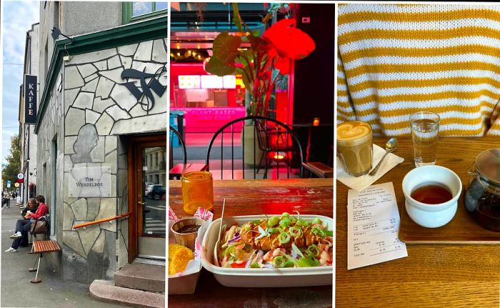 People relax on a bench outside a café, showcasing a close-up of vegan fast food in a neon-lit eatery; the writer enjoys a pot of coffee in an Oslo café.