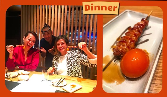 L: Two smiling women pose with the head chef at a Japanese-inspired restaurant. R: A close-up shot of a chicken skewer and egg