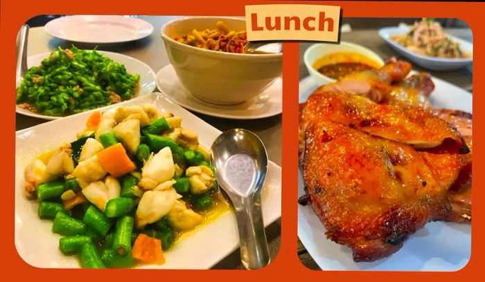 L: Dish of crabmeat with green beans. R: close-up of crispy fried chicken