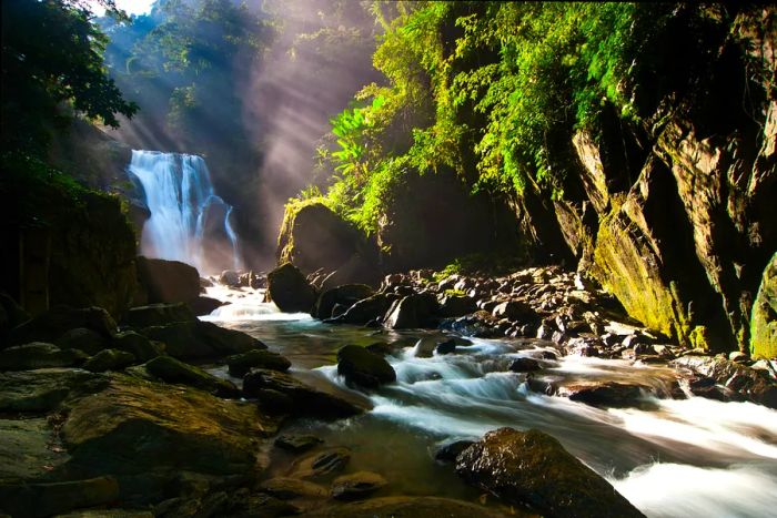 A cascading waterfall in Wulai District