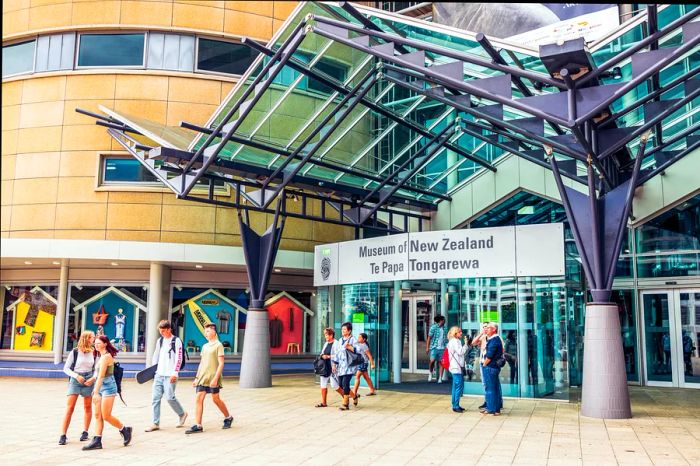 Guests gather outside the entrance of Te Papa Tongarewa, also known as the Museum of New Zealand.