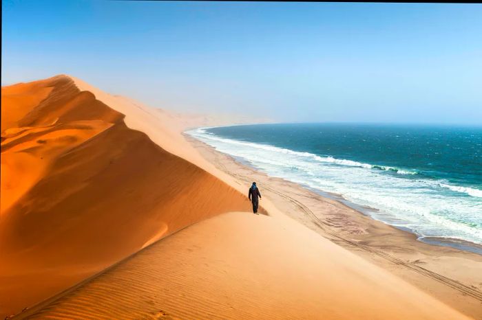 A person strolls along the edge of a massive dune, gazing out at the coastline to the right in Swakopmund, Namibia.