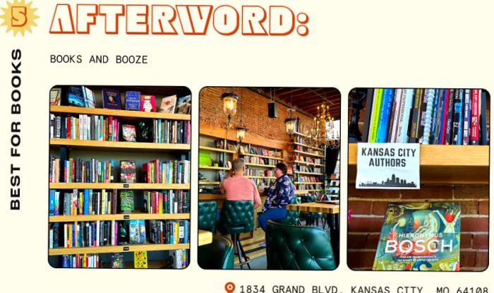 Interior of a bookshop-bar in Kansas City featuring leather seating, chandeliers, and bookshelves