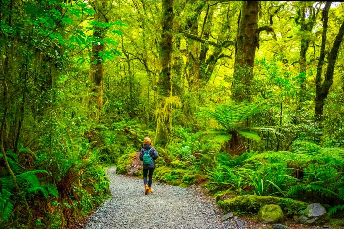 A female hiker traverses a trail through the rainforest at Chasm Fall in Fiordland National Park.