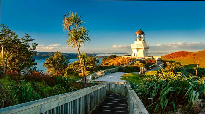 A wooden walkway leads to the Manukau Heads Lighthouse, surrounded by trees and greenery, offering a glimpse of the Tasman Sea in the distance