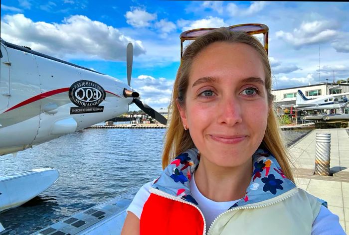 Ann Douglas gets ready to board the seaplane