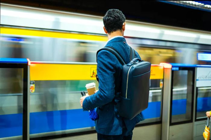 A man is seen from behind, waiting for a subway train in Taipei, carrying a bag on his back and a cup of coffee in hand.