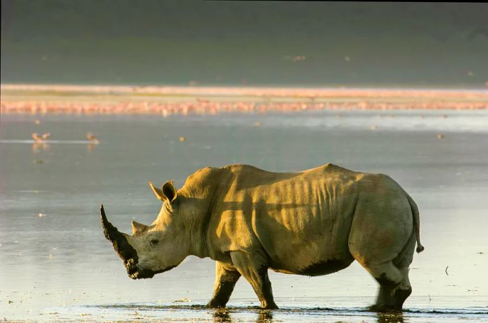 A wild white rhinoceros strolling along the shore of Lake Nakuru, with lesser flamingos wading in the background