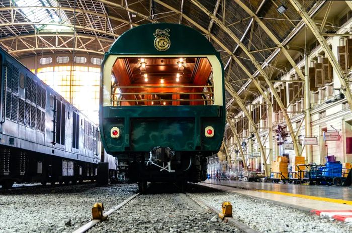 The Eastern & Oriental Express luxury train making a stop at Bangkok Railway Station