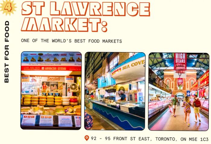 Fresh fruits and vegetables showcased across the stalls at St Lawrence Market, Toronto