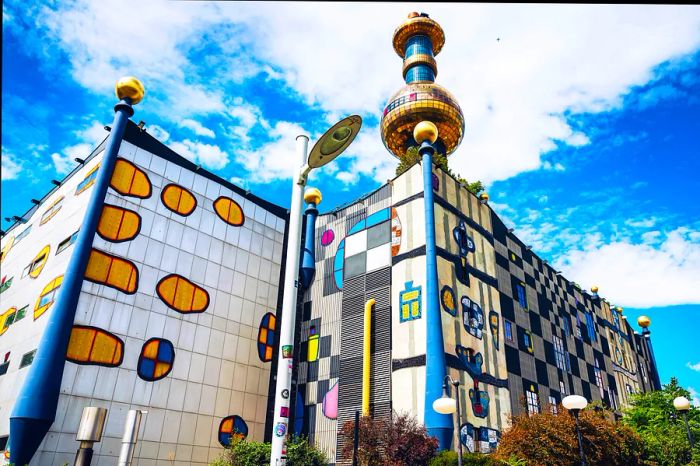 The facade of the Spittelau waste incineration plant in Vienna, Austria