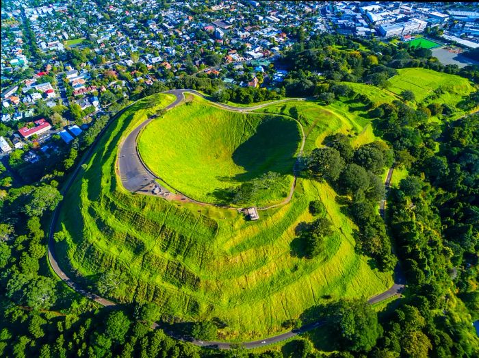 A panoramic view from the dormant volcanic peak of Mt Eden (Maungawhau)