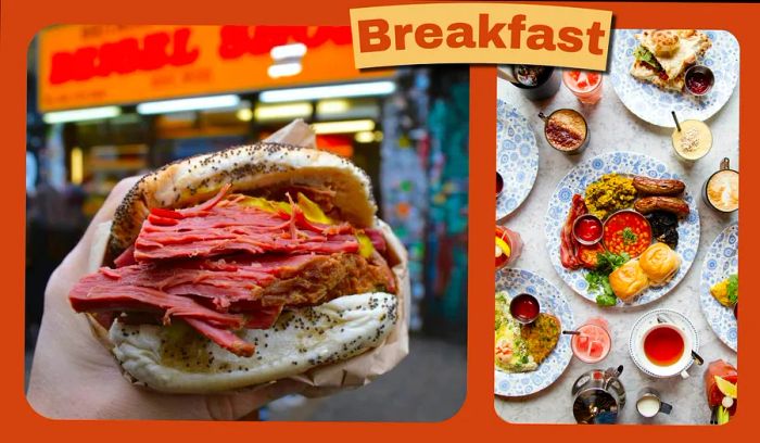 A collection of images: the first features a salt beef bagel from London’s Beigel Shop, while the second highlights breakfast at Dishoom.