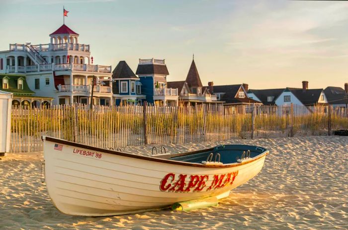 Victorian-style homes and hotels adorn Beach Ave. in Cape May, alongside a lifesaving rescue boat on the shore.