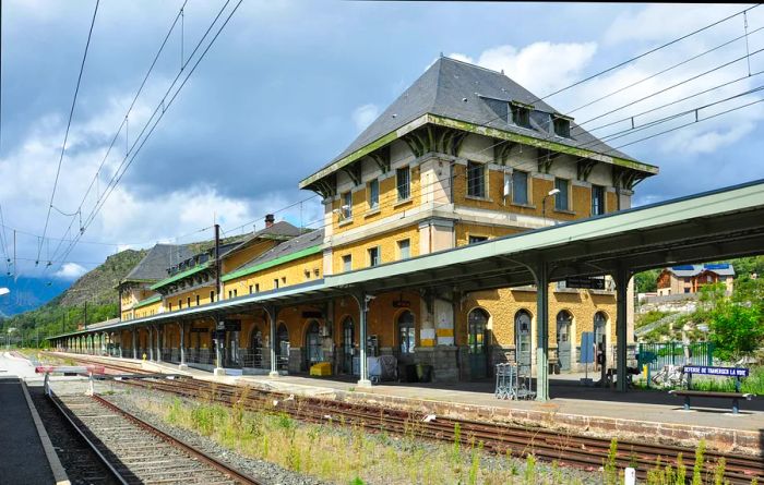 Railway station platforms and tracks at Latour-de-Carol, Pyrenées-Orientales, Occitanie, France