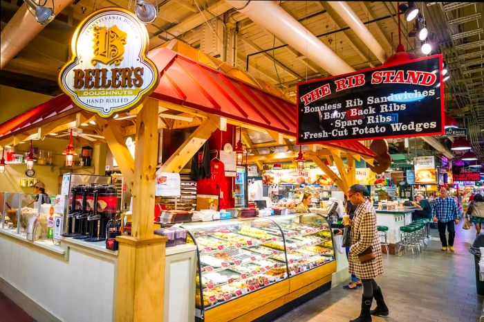 Beller's Doughnuts stand and the Rib Stand at Reading Terminal Market